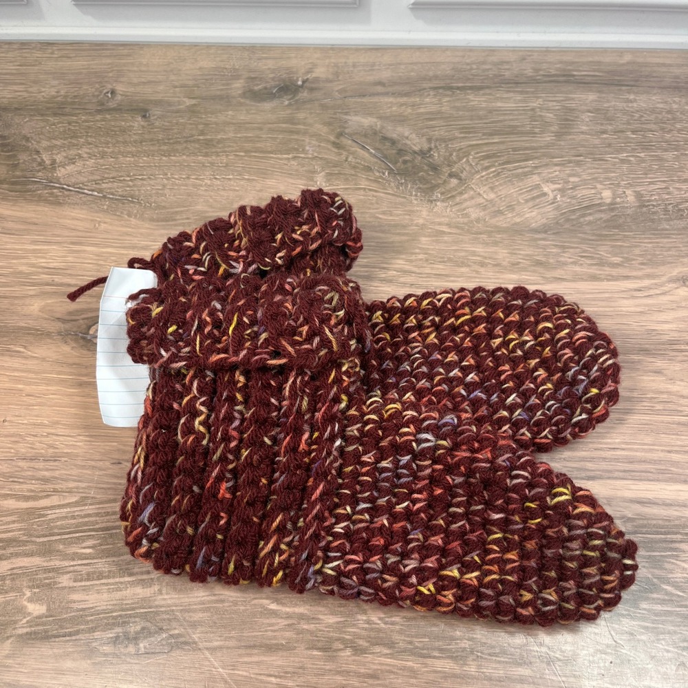 Handmade Slipper Socks Kids Burgundy Multi Chunky Knit Crochet Booties Size 9-12